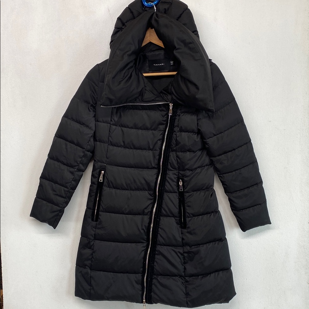 Tahari asymmetrical Brooklyn Duck Down Puffer Parka Jacket Black Sz S never worn
